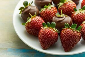 Plate of fresh strawberries, some dipped in chocolate, creating a delicious dessert display. photo