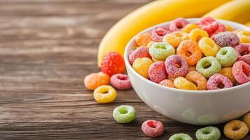 Colorful fruit cereal in a bowl with bananas on a rustic wooden surface. photo