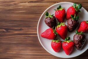 Delicious strawberries dipped in chocolate on a wooden surface. photo