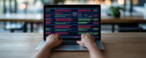 Hands typing on a laptop displaying colorful code on the screen. photo