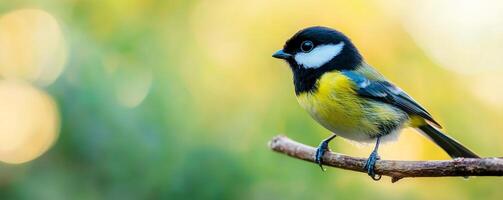 Beginning journey concept. Colorful bird perched on a branch with a soft, blurred background. photo