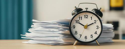 Desk scene featuring a clock beside a pile of papers, symbolizing time management and organization. photo