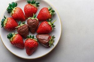 Plate of fresh strawberries, some dipped in chocolate, arranged beautifully. photo