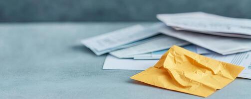 Piles of letters and an envelope on a soft gray background. photo