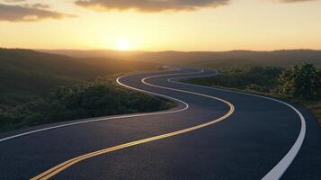 Beginning journey concept. Winding road through hills at sunset under a colorful sky. photo