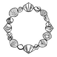 Seashell Frame. Circular Oceanthemed Border . Perfect for summer beachthemed projects coastal designs or nauticalinspired artwork. This black and white illustration is a decorative graphic element. vector