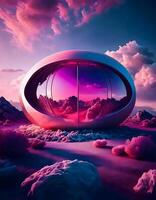 A Fusion of Futuristic Design and Rocky Desert with Pink Highlights photo