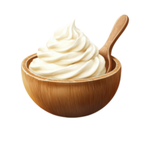 Creamy Sour Cream Served in a Rustic Wooden Bowl and Spoon, on the transparent Background. Format png