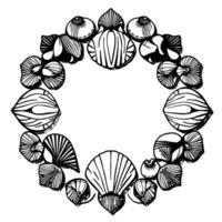 Elegant Black and White Seashell and Floral Wreath. A Circular Frame for Summer Beach and Ocean Themed Projects vector