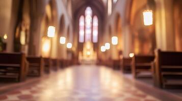 Blurred image of a church with pews and stained glass windows photo