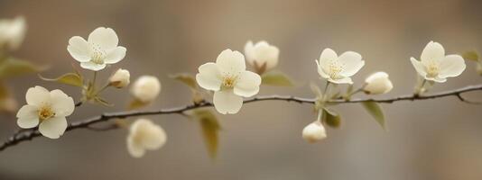 White flowers on a branch with blurred background photo