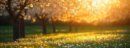 A field with trees and flowers in the sun photo