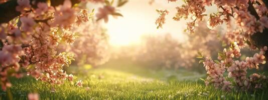 A field with pink flowers and trees in the background photo