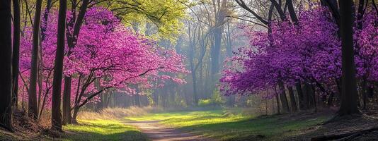 A path through a forest with purple trees photo