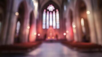 Blurred image of a church with a red light photo