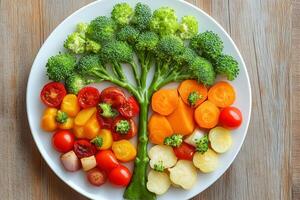 A plate with vegetables arranged in a tree shape photo
