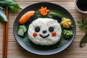 A plate with rice and vegetables with a panda face photo