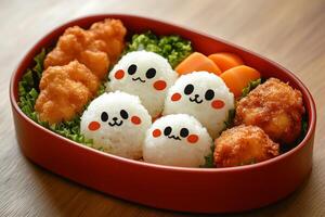 A bento box with rice, chicken, and vegetables photo