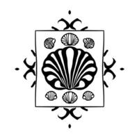 Elegant Black and White Shell Art Print. A VintageInspired Featuring Symmetrical Shells and Ornamental Frame. Perfect for Home Decor or Gift. vector