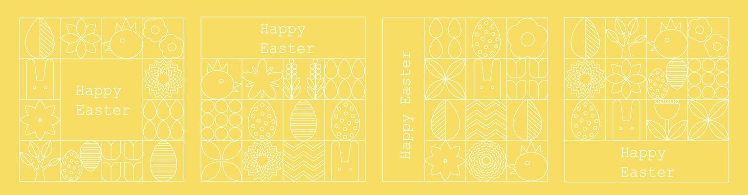 Set of Easter cards. Abstract geometric background. Eggs, spring flowers and decorations. For poster, postcard, scrapbooking, stickers. .a yellow background with a white background