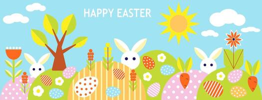 happy easter background with rabbits and flowers vector