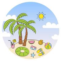 Summer card of palm tree with sun and leisure items against blue sky vector