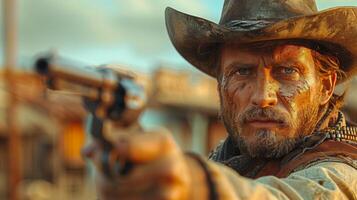 A man in a cowboy hat pointing a gun photo