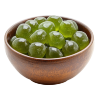 Joyful Green Jellies Gleaming in a Handcrafted Brown Bowl Inviting Sweetness and Delight, on the transparent background png
