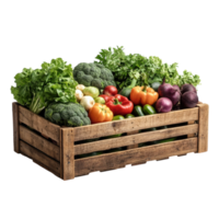 Fresh Vegetables in a Rustic Wooden Crate From a Farm, on the transparent Background. Format png