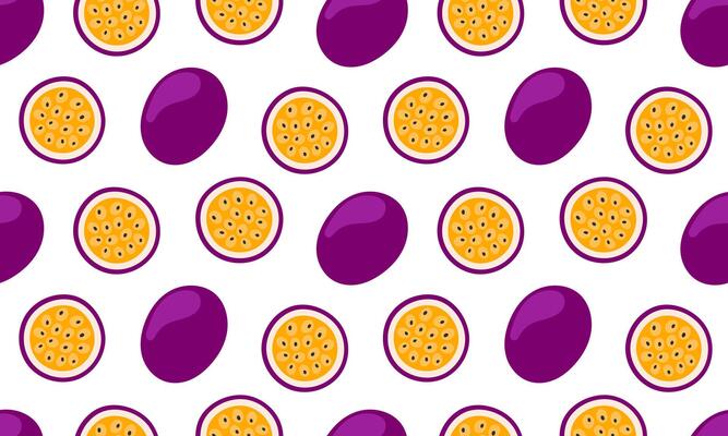 Passion fruit seamless pattern. Tropical fruits background design. Collection of organic vitamins and healthy nutrition. Flat illustration