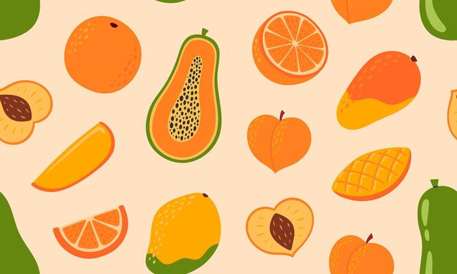Tropical fruits seamless pattern. Fruits and berries background design. Collection of organic vitamins and healthy nutrition. Flat illustration