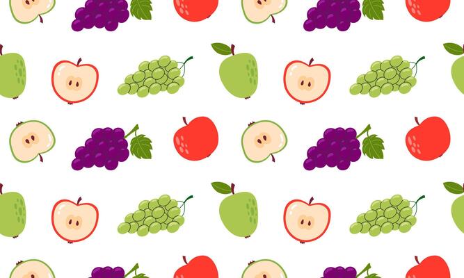 Assorted fresh fruits, grapes, green and red apple seamless pattern. Fruits and berries background design. Collection of organic vitamins and healthy nutrition. Flat illustration