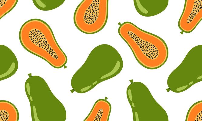 Papaya seamless pattern. Tropical fruits background design. Collection of organic vitamins and healthy nutrition. Flat illustration