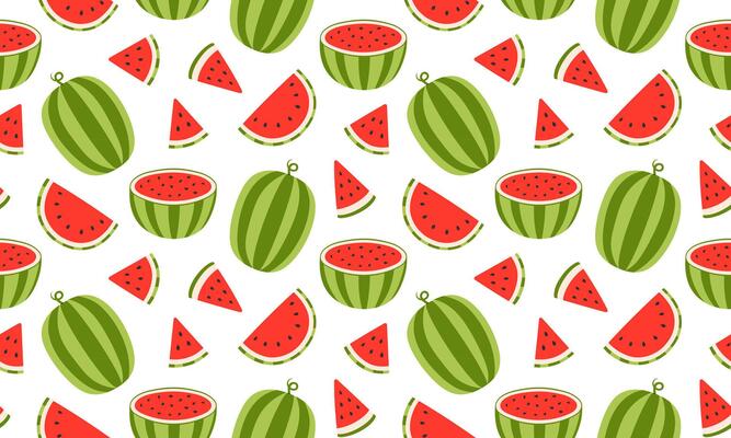 Watermelon seamless pattern. Summer fruits background design. Collection of organic vitamins and healthy nutrition. Flat illustration