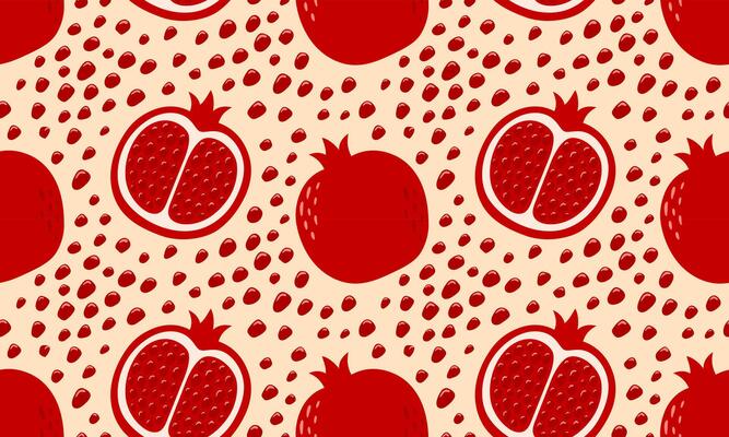 Pomegranate seamless pattern. Half and whole fruits, berries, seeds background design. Collection of organic vitamins and healthy nutrition. Flat illustration