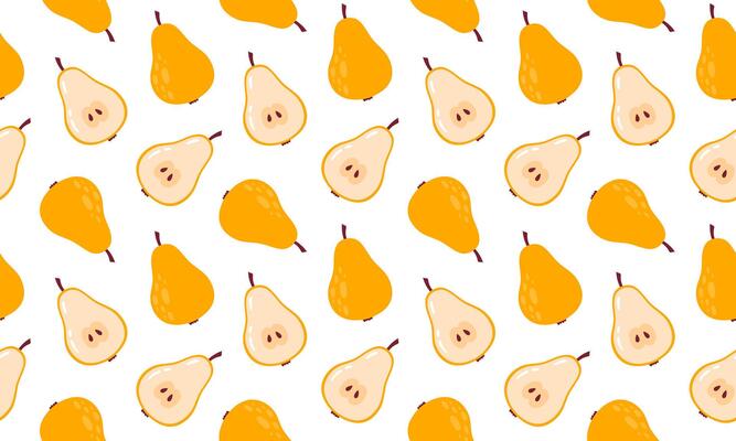Fresh pear seamless pattern. Fruits and berries background design. Collection of organic vitamins and healthy nutrition. Flat illustration