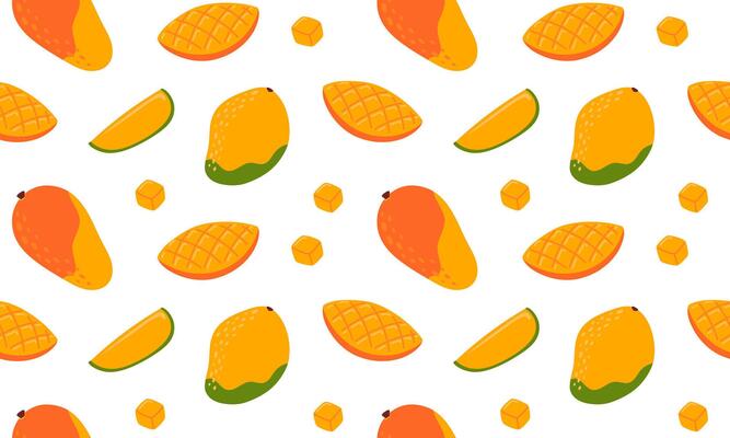 Mango seamless pattern. Tropical fruits background design. Collection of organic vitamins and healthy nutrition. Flat illustration