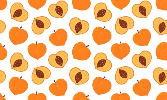 Peach seamless pattern. Half and whole fruits background design. Collection of organic vitamins and healthy nutrition. Flat illustration