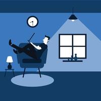 two flat cartoons illustrations - a man enjoying sit on his favorite sofa with his laptop vector