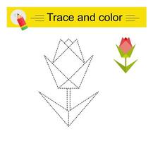 Trace and color for children. Preschool worksheet for practicing fine motor skills. Cartoon red flower. vector