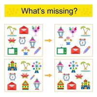 Puzzle game for kids. Task for the development of attention and logic. Find the missing objects. vector