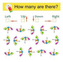 Left or Right. Logic game for kids. Count how many umbrellas are turned left and how many are turned right, also up and down. vector