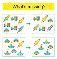 Puzzle game. Find the missing object. illustration of rocket, flying saucer, truck. vector