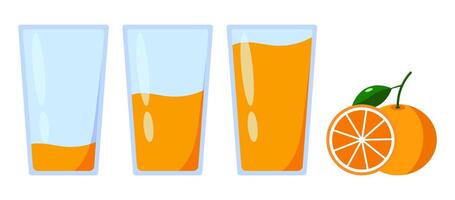 three glasses of fresh orange juice ranging from slightly, half, to full. vector
