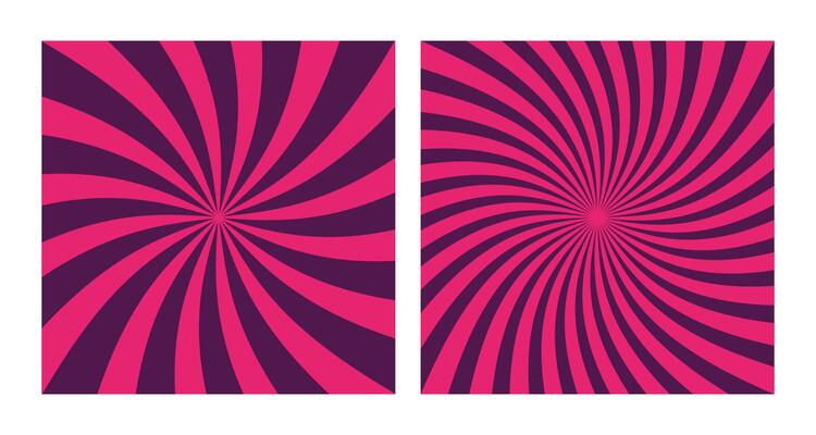 Set of Two Abstract Purple Spiral Patterns on Pink Background. Square Posters with Pink and Purple Groovy Hypnotic Swirls, Retro Inspired Grunge Sun Bursts