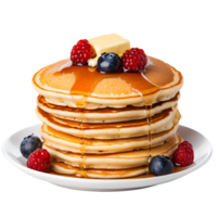 Delicious Stack of Pancakes with Fresh Berries, Butter, and Syrup Isolated on transparent png