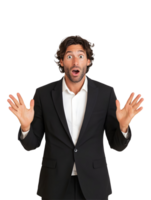 Shocked executive expressing disbelief with wide eyes and hands up against transparent background png