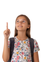 Enthusiastic young student with backpack pointing upwards, isolated on transparent background png