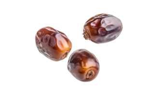 Close up detail of three delicious medjool dates, isolated against a transparent background png