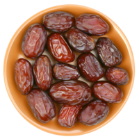 Top view of delicious shiny dates in an orange bowl against a transparent background studio shot png